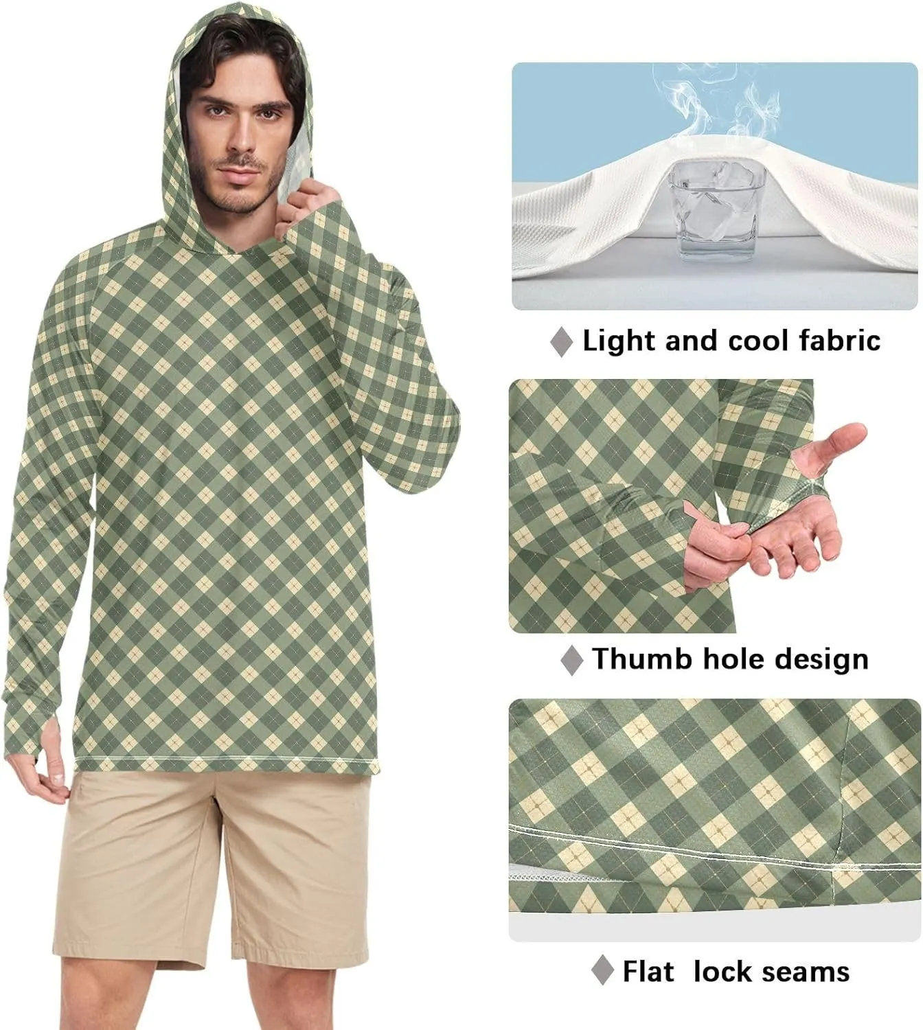 Olive Green Men's Sun Protection Hoodie Long Sleeve Sun Shirt with Hood UPF 50  Hooded Fishing Shirts UV Rash Guard with Hood