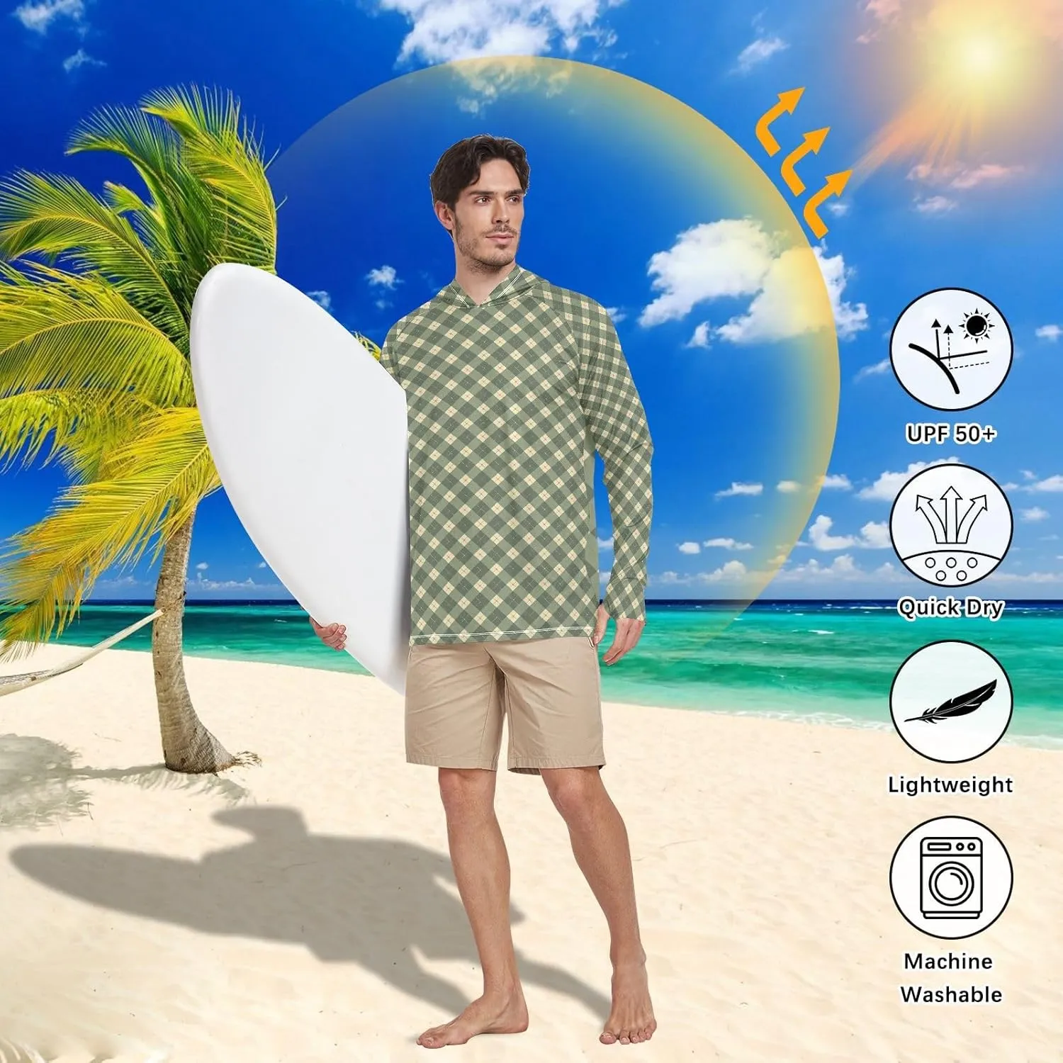 Olive Green Men's Sun Protection Hoodie Long Sleeve Sun Shirt with Hood UPF 50  Hooded Fishing Shirts UV Rash Guard with Hood