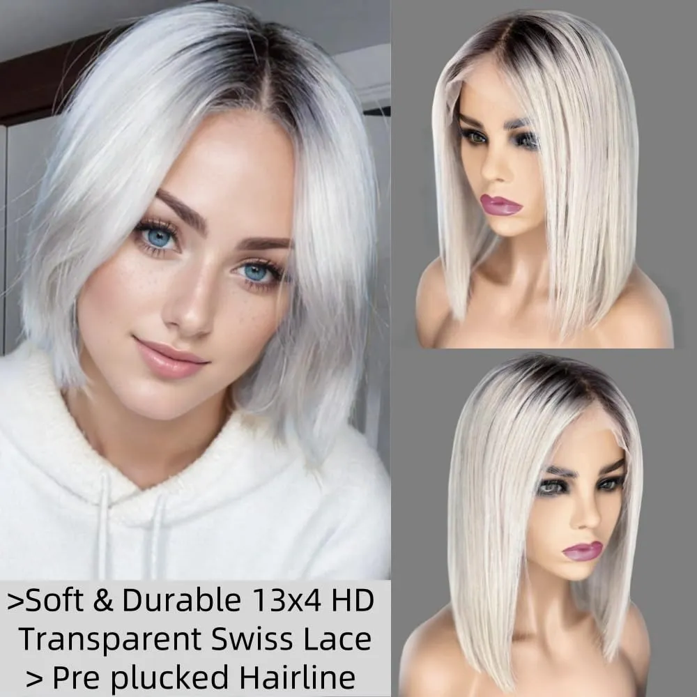 Ombre Platinum Blonde Bob Lace Front Wigs Human Hair Glueless Pre plucked Bleached Knots 10 Inch Platinum Blonde Wig Human Hair with Dark Roots Silky Straight Wigs for Black and White Women