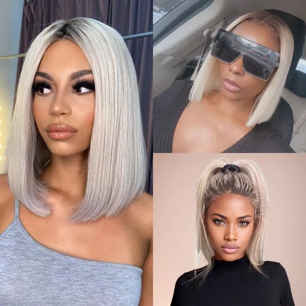 Ombre Platinum Blonde Bob Lace Front Wigs Human Hair Glueless Pre plucked Bleached Knots 10 Inch Platinum Blonde Wig Human Hair with Dark Roots Silky Straight Wigs for Black and White Women