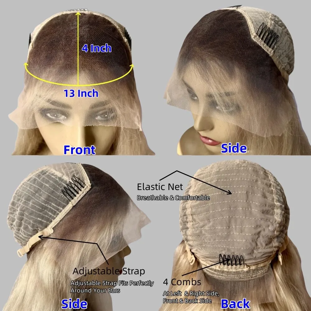 Ombre Platinum Blonde Bob Lace Front Wigs Human Hair Glueless Pre plucked Bleached Knots 10 Inch Platinum Blonde Wig Human Hair with Dark Roots Silky Straight Wigs for Black and White Women