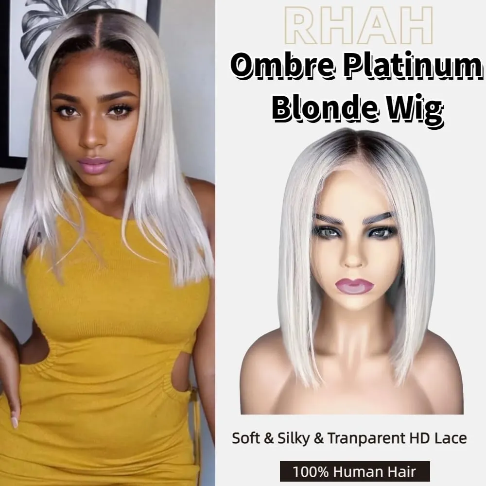 Ombre Platinum Blonde Bob Lace Front Wigs Human Hair Glueless Pre plucked Bleached Knots 10 Inch Platinum Blonde Wig Human Hair with Dark Roots Silky Straight Wigs for Black and White Women