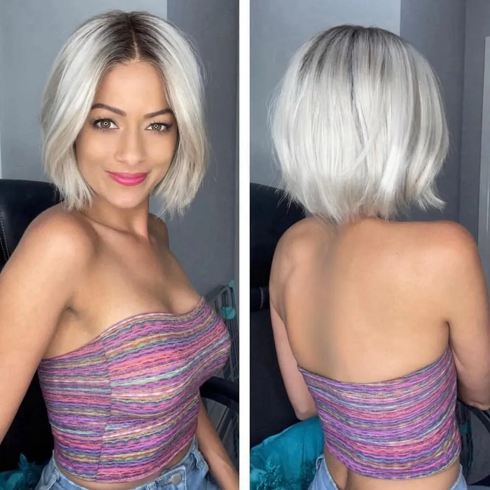 Ombre Platinum Blonde Bob Lace Front Wigs Human Hair Glueless Pre plucked Bleached Knots 10 Inch Platinum Blonde Wig Human Hair with Dark Roots Silky Straight Wigs for Black and White Women