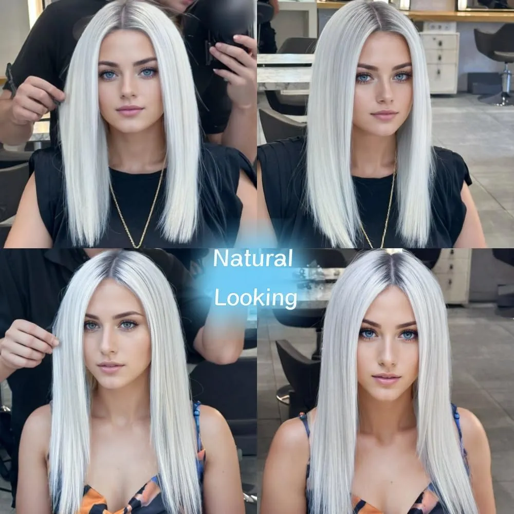 Ombre Platinum Blonde Bob Lace Front Wigs Human Hair Glueless Pre plucked Bleached Knots 10 Inch Platinum Blonde Wig Human Hair with Dark Roots Silky Straight Wigs for Black and White Women