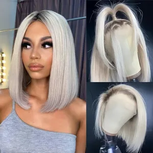 Ombre Platinum Blonde Bob Lace Front Wigs Human Hair Glueless Pre plucked Bleached Knots 10 Inch Platinum Blonde Wig Human Hair with Dark Roots Silky Straight Wigs for Black and White Women