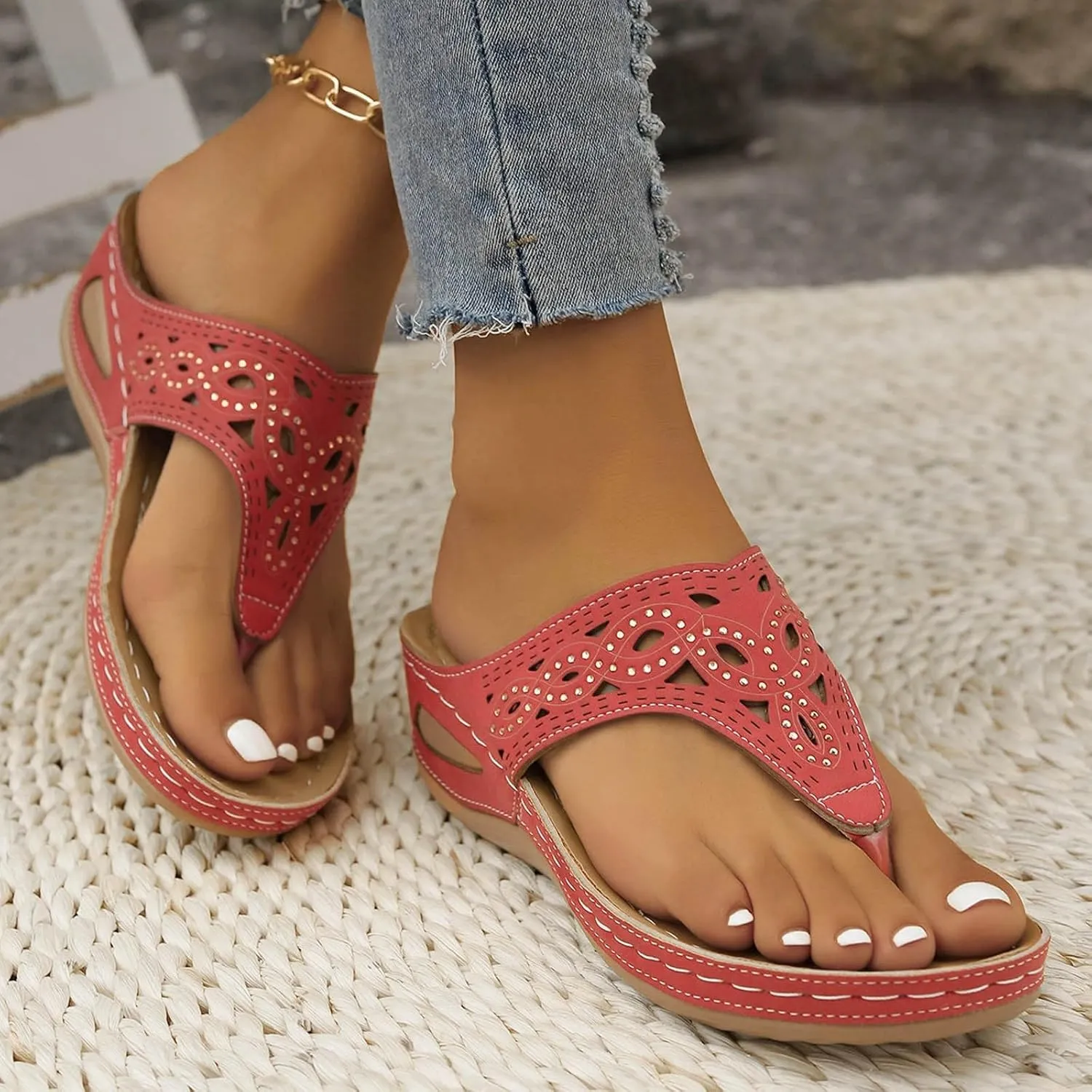 Orthopedic Sandals for Women, Breathable Mesh Hollow Sports Sandals Women’s Wedge Orthopedic Flip-Flops Summer Shoes