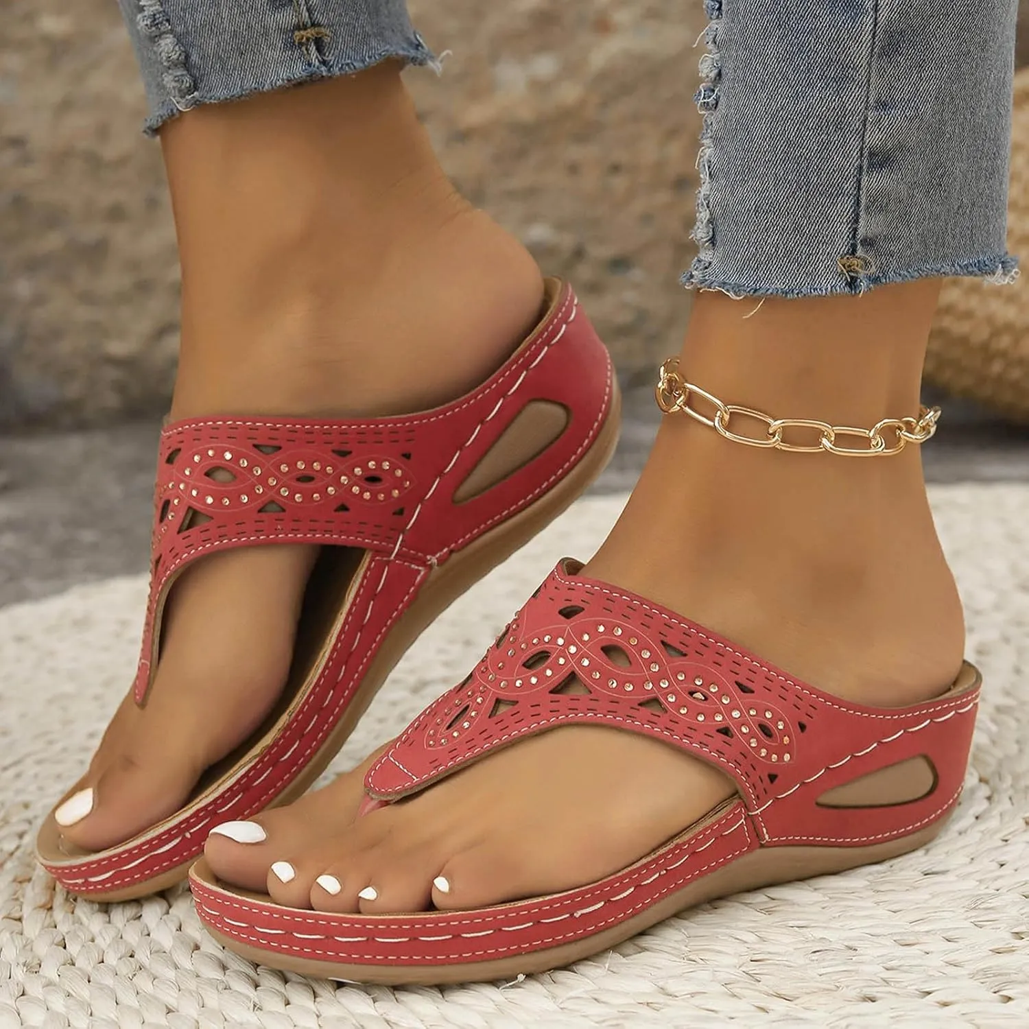 Orthopedic Sandals for Women, Breathable Mesh Hollow Sports Sandals Women’s Wedge Orthopedic Flip-Flops Summer Shoes