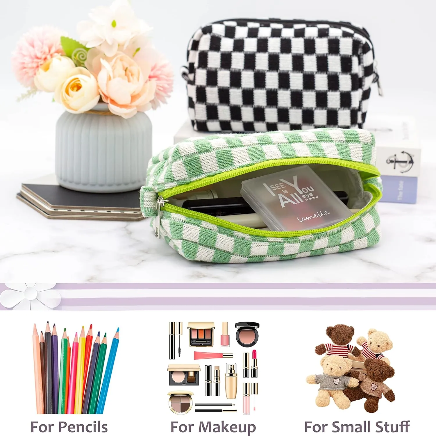 PAZIMIIK Checkered Makeup Bag for Purse Portable Zipper Make Up Pouch Small Cosmetic Case for Travel Accessories (6PCS Light Green)