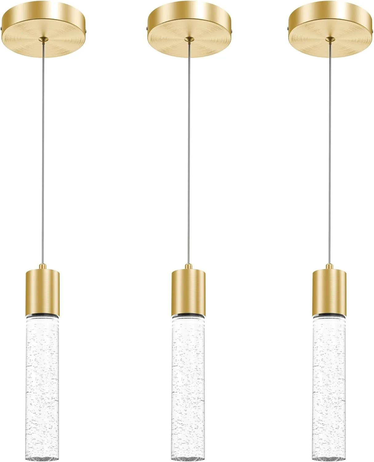 Pendant Lights Kitchen Island 3 Pack, 6500K Modern Kitchen Island Lights Ceiling Lighting Fixtures with Crystal Bubble, Integrated LED Cold White Hanging Light Dining Room Light Brushed Gold