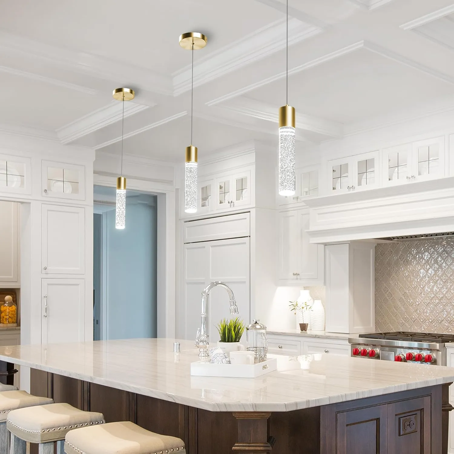 Pendant Lights Kitchen Island 3 Pack, 6500K Modern Kitchen Island Lights Ceiling Lighting Fixtures with Crystal Bubble, Integrated LED Cold White Hanging Light Dining Room Light Brushed Gold