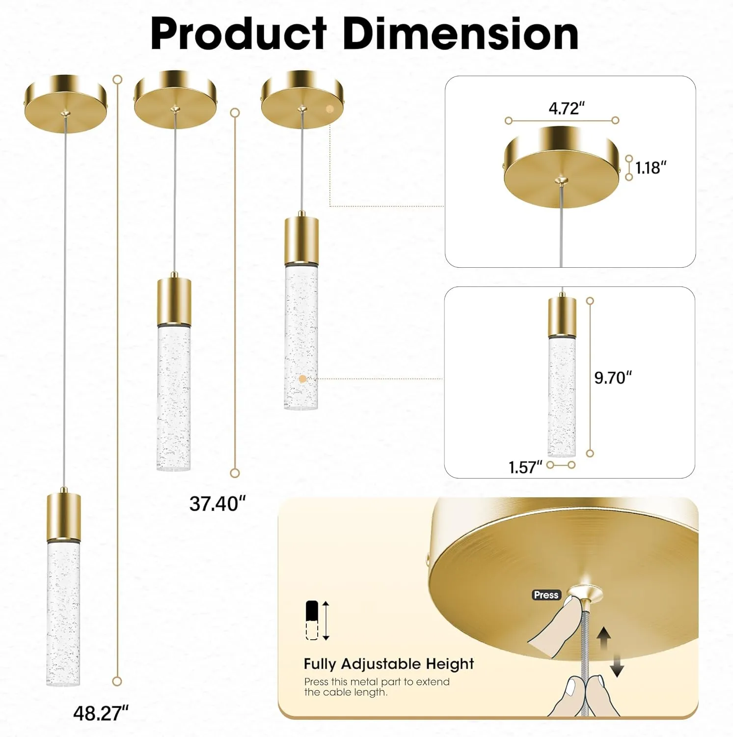 Pendant Lights Kitchen Island 3 Pack, 6500K Modern Kitchen Island Lights Ceiling Lighting Fixtures with Crystal Bubble, Integrated LED Cold White Hanging Light Dining Room Light Brushed Gold