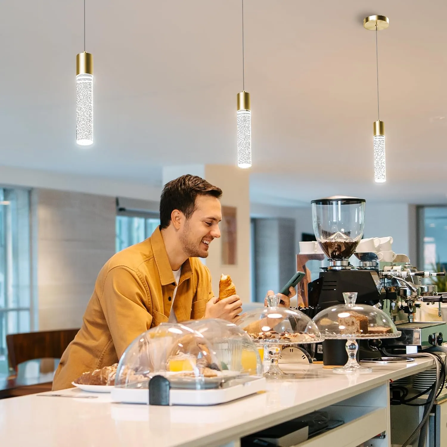Pendant Lights Kitchen Island 3 Pack, 6500K Modern Kitchen Island Lights Ceiling Lighting Fixtures with Crystal Bubble, Integrated LED Cold White Hanging Light Dining Room Light Brushed Gold
