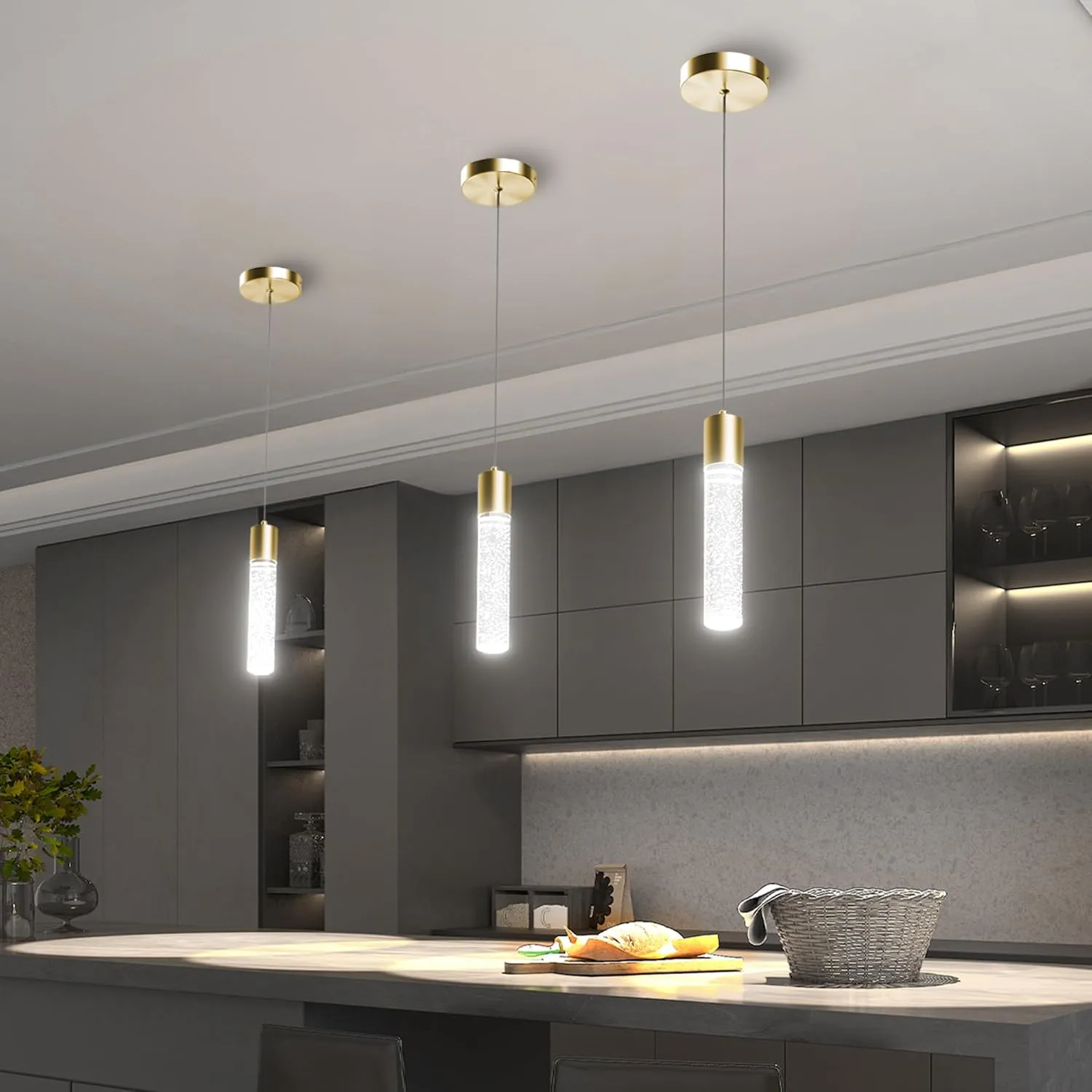 Pendant Lights Kitchen Island 3 Pack, 6500K Modern Kitchen Island Lights Ceiling Lighting Fixtures with Crystal Bubble, Integrated LED Cold White Hanging Light Dining Room Light Brushed Gold