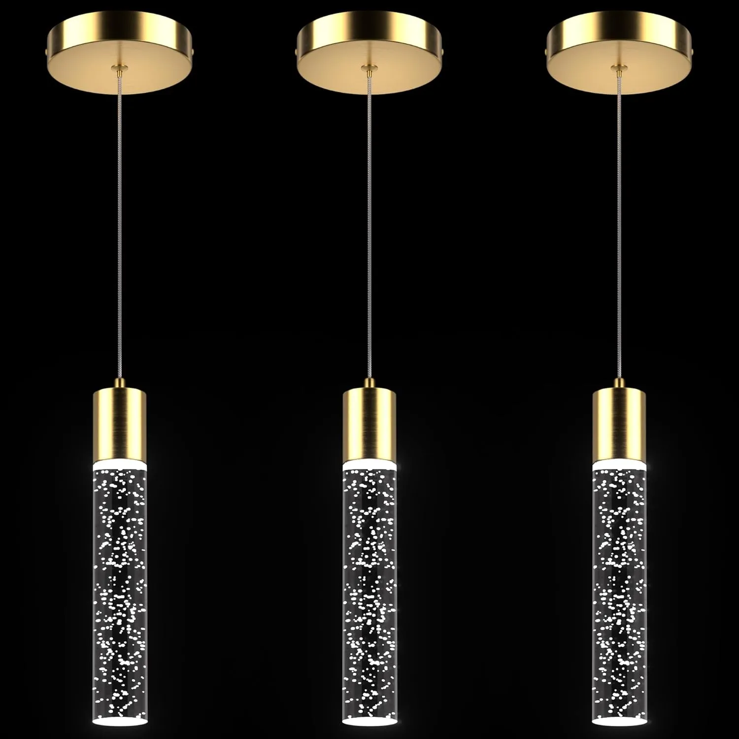 Pendant Lights Kitchen Island 3 Pack, 6500K Modern Kitchen Island Lights Ceiling Lighting Fixtures with Crystal Bubble, Integrated LED Cold White Hanging Light Dining Room Light Brushed Gold