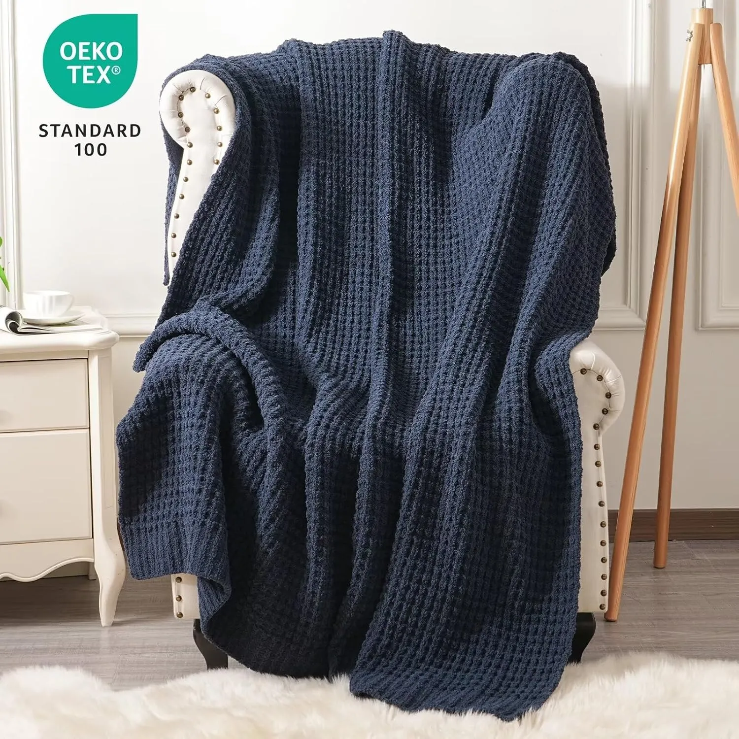 PHF Chenille Waffle Knit Blanket Twin Size- Plush Warm & Cozy 60" x 80" Ultra Soft Blanket- Chunky Fluffy Waffle Bedding for Home Decor - Navy Blue
