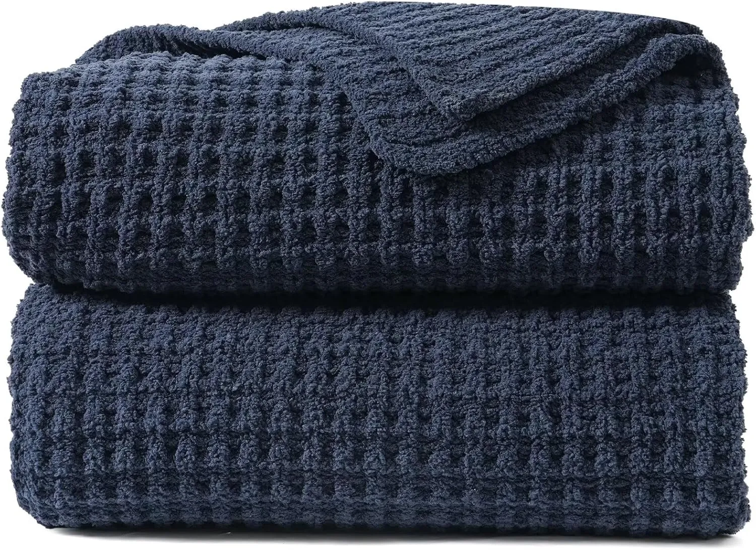 PHF Chenille Waffle Knit Blanket Twin Size- Plush Warm & Cozy 60" x 80" Ultra Soft Blanket- Chunky Fluffy Waffle Bedding for Home Decor - Navy Blue