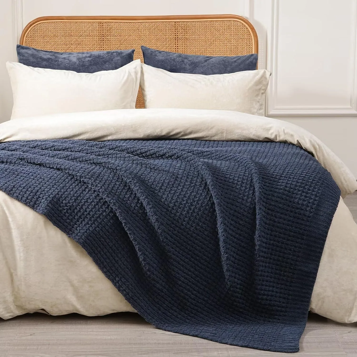PHF Chenille Waffle Knit Blanket Twin Size- Plush Warm & Cozy 60" x 80" Ultra Soft Blanket- Chunky Fluffy Waffle Bedding for Home Decor - Navy Blue