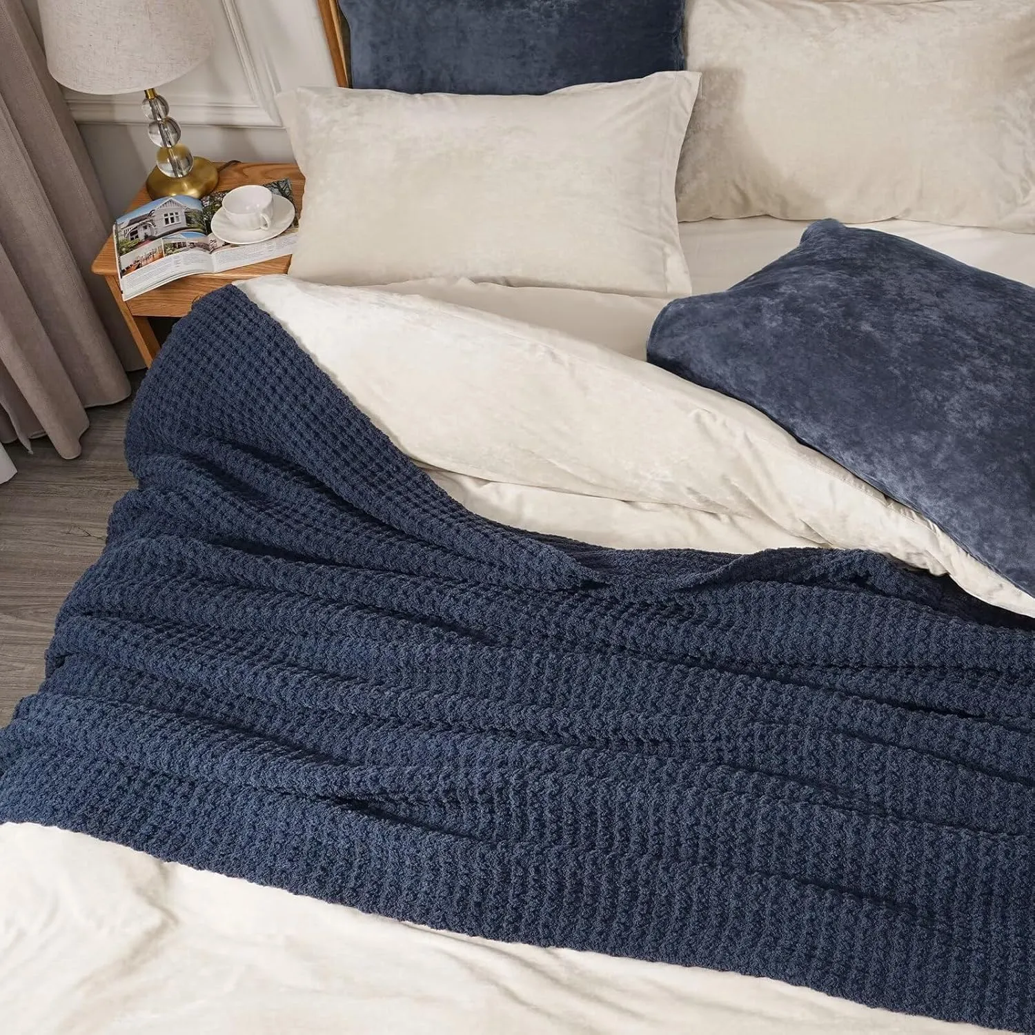 PHF Chenille Waffle Knit Blanket Twin Size- Plush Warm & Cozy 60" x 80" Ultra Soft Blanket- Chunky Fluffy Waffle Bedding for Home Decor - Navy Blue