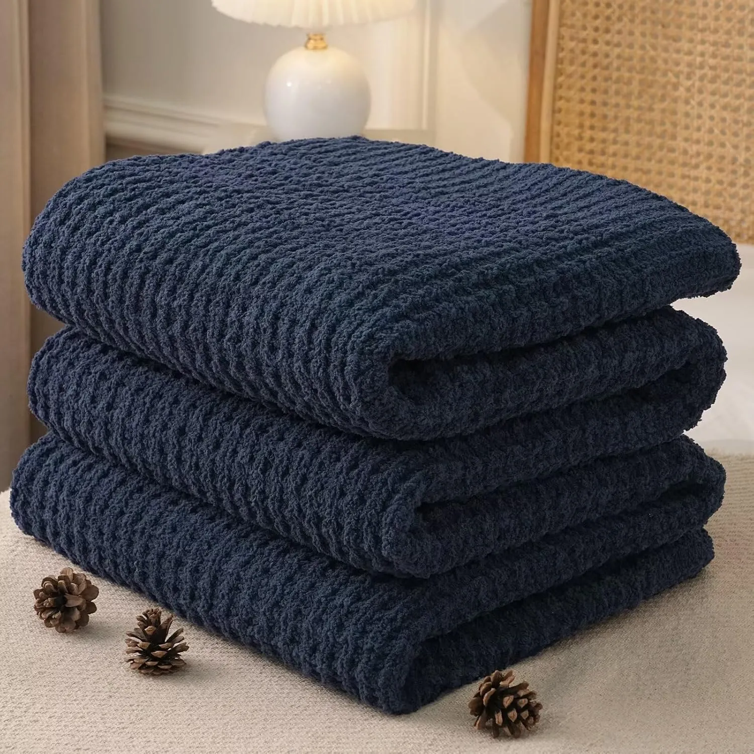 PHF Chenille Waffle Knit Blanket Twin Size- Plush Warm & Cozy 60" x 80" Ultra Soft Blanket- Chunky Fluffy Waffle Bedding for Home Decor - Navy Blue