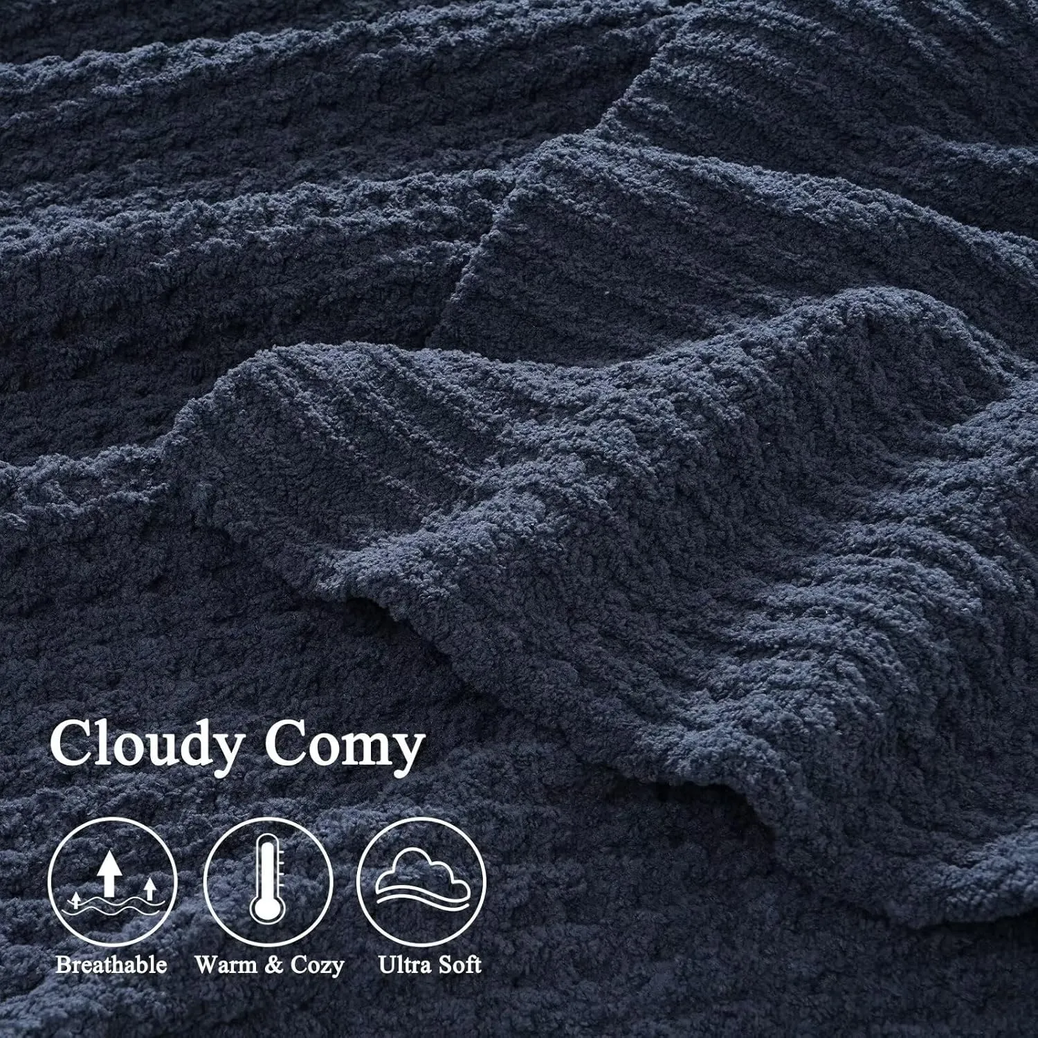 PHF Chenille Waffle Knit Blanket Twin Size- Plush Warm & Cozy 60" x 80" Ultra Soft Blanket- Chunky Fluffy Waffle Bedding for Home Decor - Navy Blue