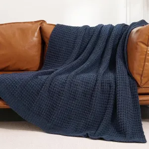 PHF Chenille Waffle Knit Blanket Twin Size- Plush Warm & Cozy 60" x 80" Ultra Soft Blanket- Chunky Fluffy Waffle Bedding for Home Decor - Navy Blue