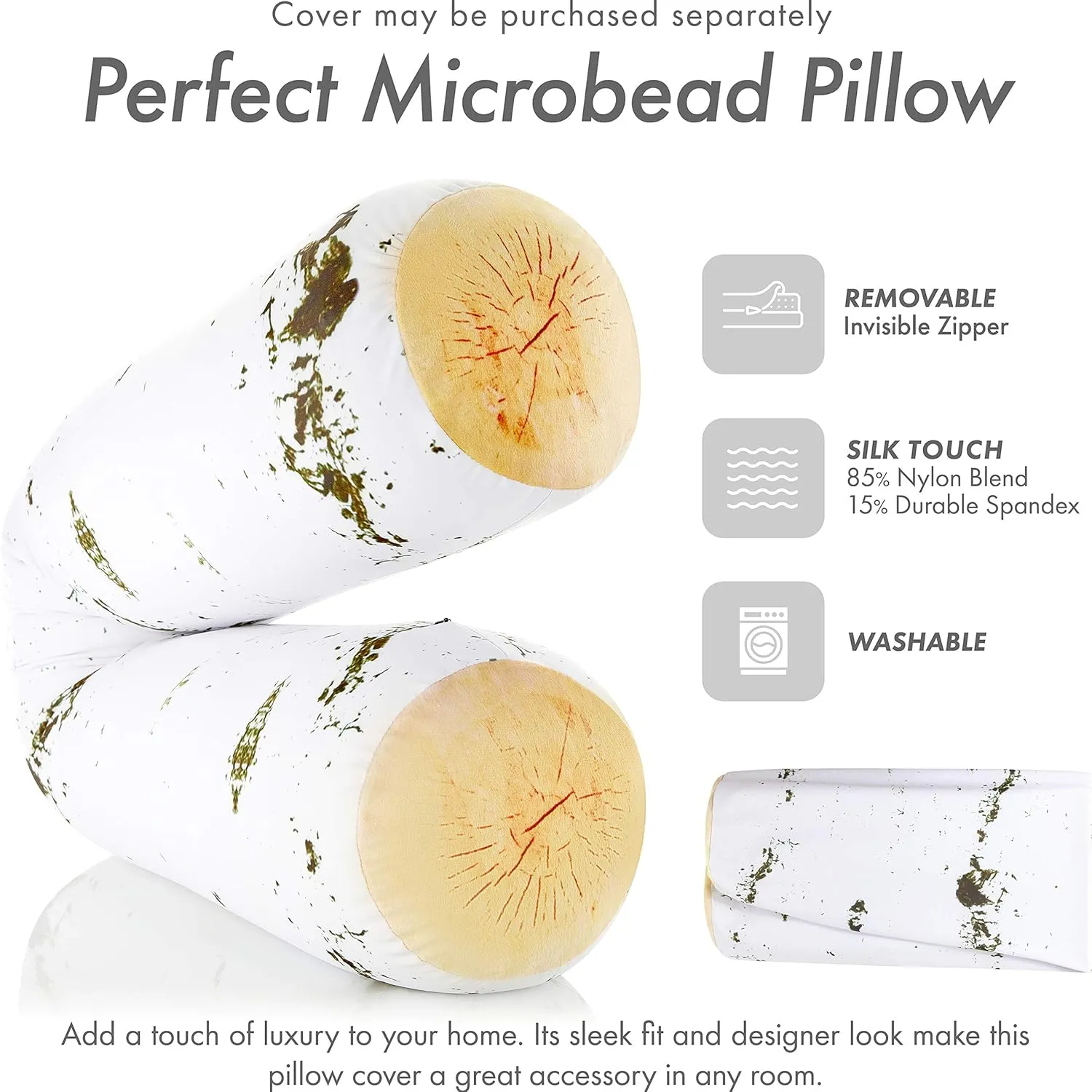 PILLOWY Log Birch Microbead Body Pillow - Straight Long Pillows for Comfort or Use During Pregnancy- Spandex 85% / Nylon 15% - Spongy Cooling Hypoallergenic Outer Fabric - 50" X 8" - Side Sleepers