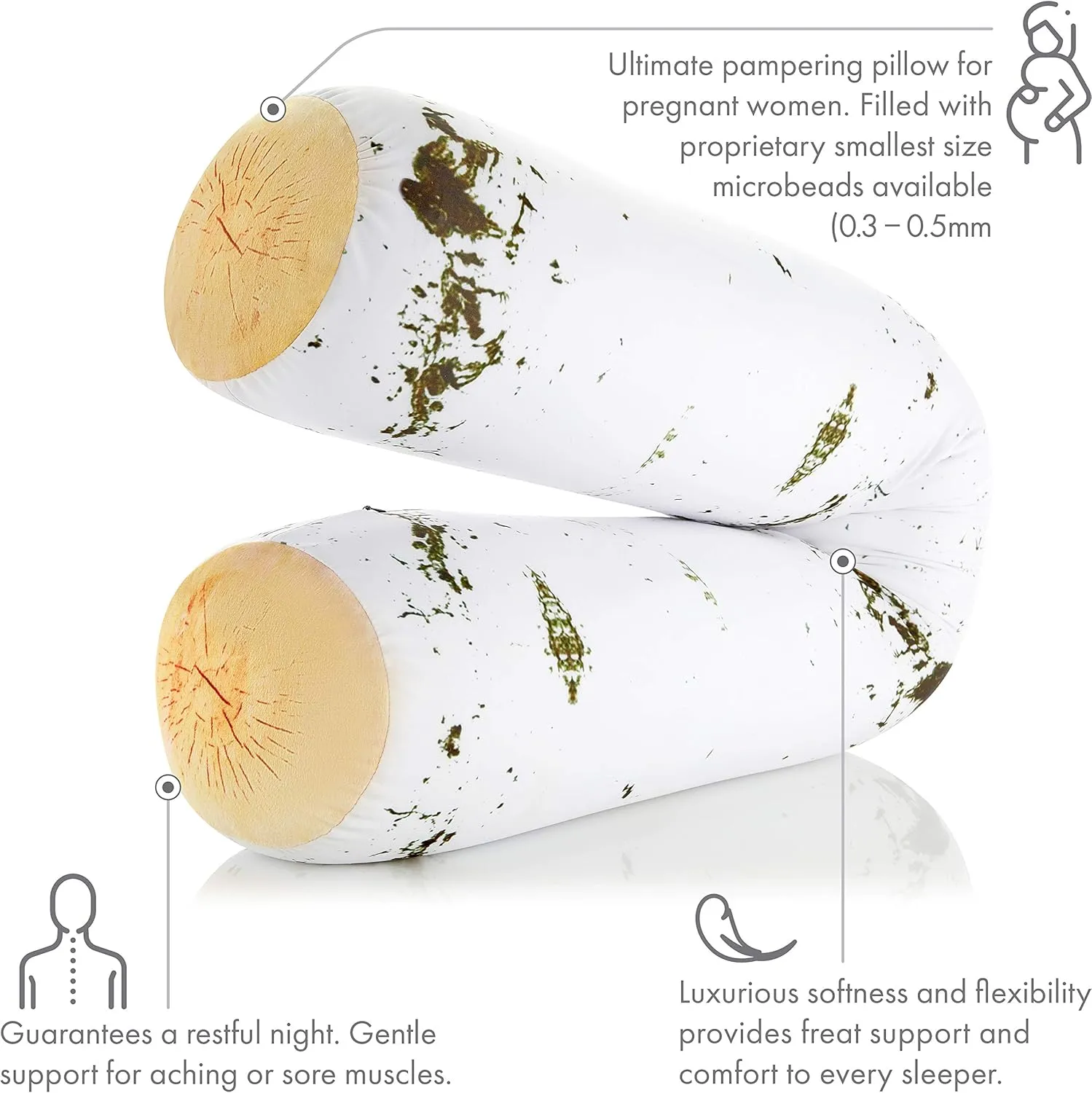 PILLOWY Log Birch Microbead Body Pillow - Straight Long Pillows for Comfort or Use During Pregnancy- Spandex 85% / Nylon 15% - Spongy Cooling Hypoallergenic Outer Fabric - 50" X 8" - Side Sleepers