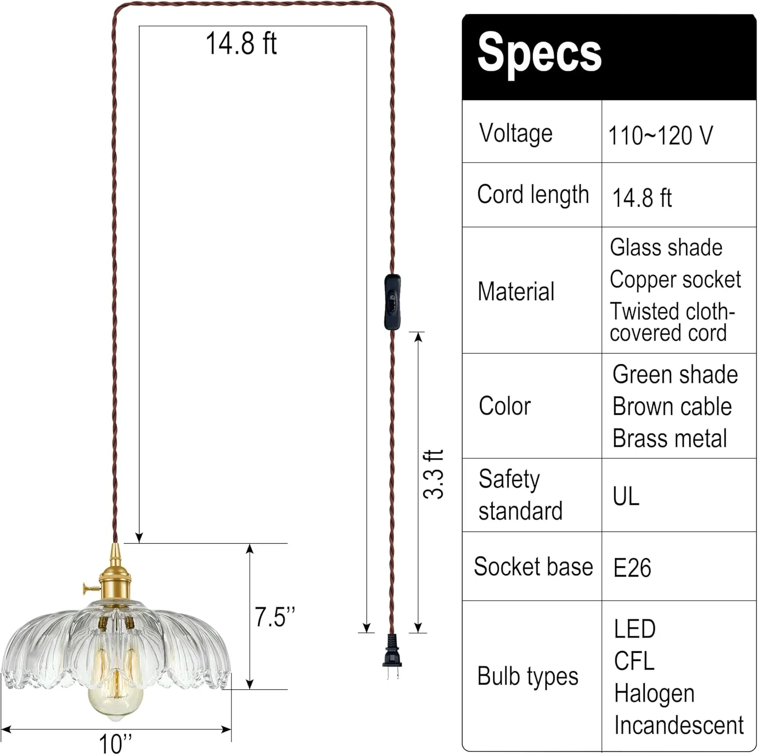 Plug-in Pendant Light Fixture, Hanging Light Fixture, Glass Pendant Light, Swag Lamp with Inline On/Off Switch for Kitchen Island, Bedroom, Dining Room, Living Room (Clear Lotus, Plug-in)
