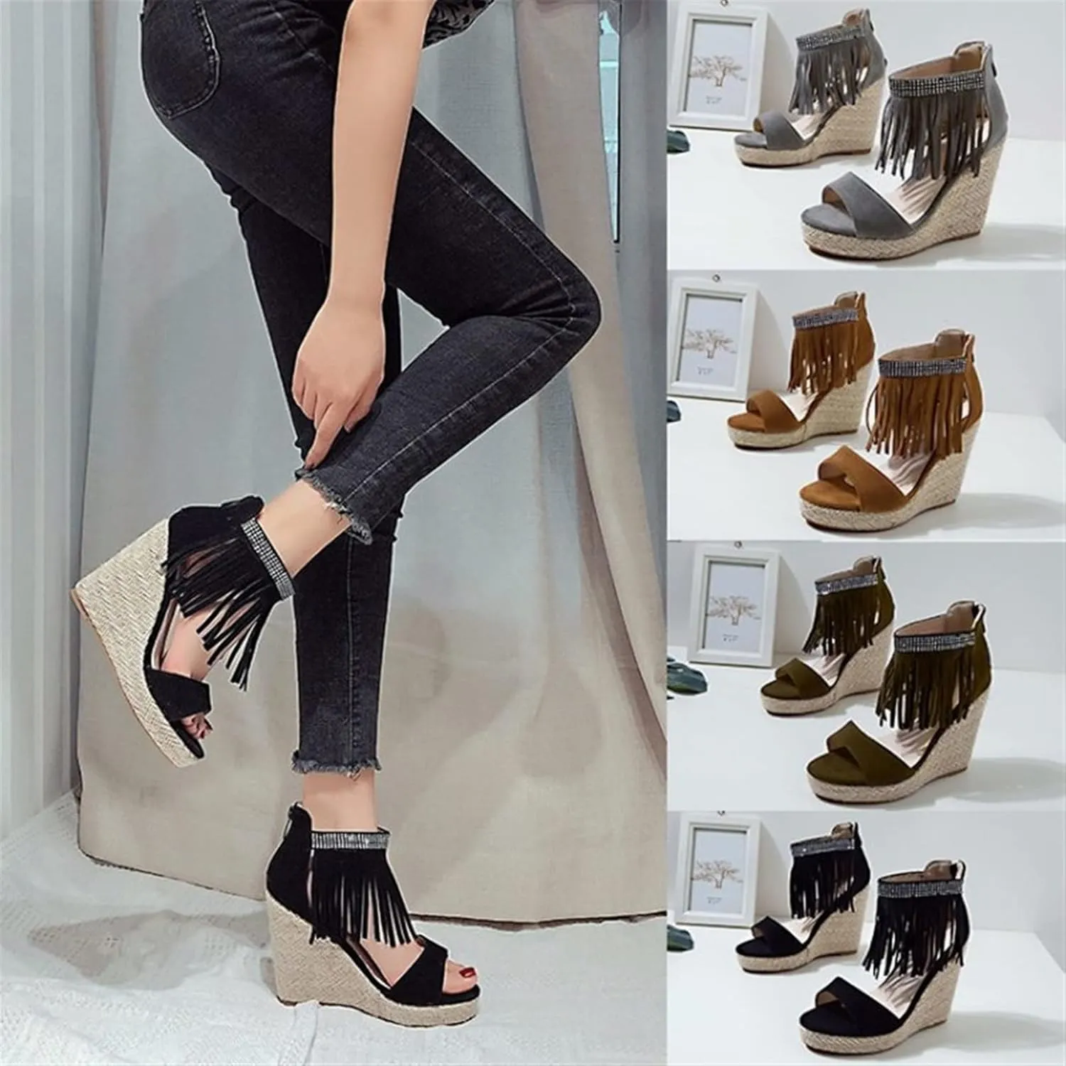 Plus Size Sandals Fashion Wedge Sandals Women's High Heels Sexy Fish Mouth Fringed Sandals Prom Wedding Party Shoes (Color : Yellow, Shoe Size : 6)
