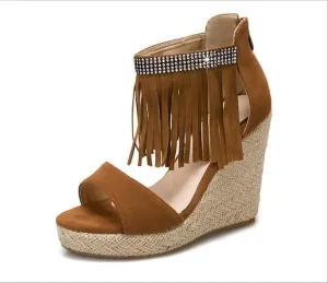 Plus Size Sandals Fashion Wedge Sandals Women's High Heels Sexy Fish Mouth Fringed Sandals Prom Wedding Party Shoes (Color : Yellow, Shoe Size : 6)