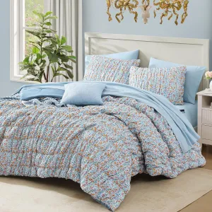 Queen Comforter Set - 7 Pieces Blue Classic Puff Floral Bedding Sets for All Seasons, Shabby Chic Farmhouse Bed in a Bag Queen with Wildflowers Fluffy Comforter, Sheets, Pillowcases & Shams
