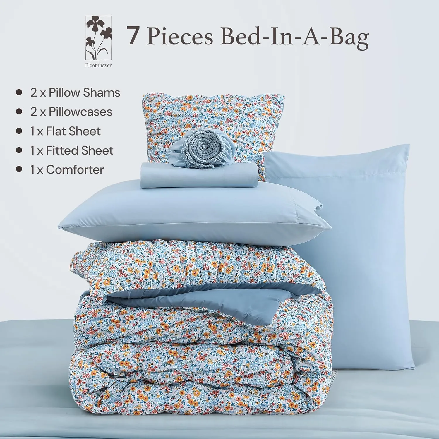 Queen Comforter Set - 7 Pieces Blue Classic Puff Floral Bedding Sets for All Seasons, Shabby Chic Farmhouse Bed in a Bag Queen with Wildflowers Fluffy Comforter, Sheets, Pillowcases & Shams
