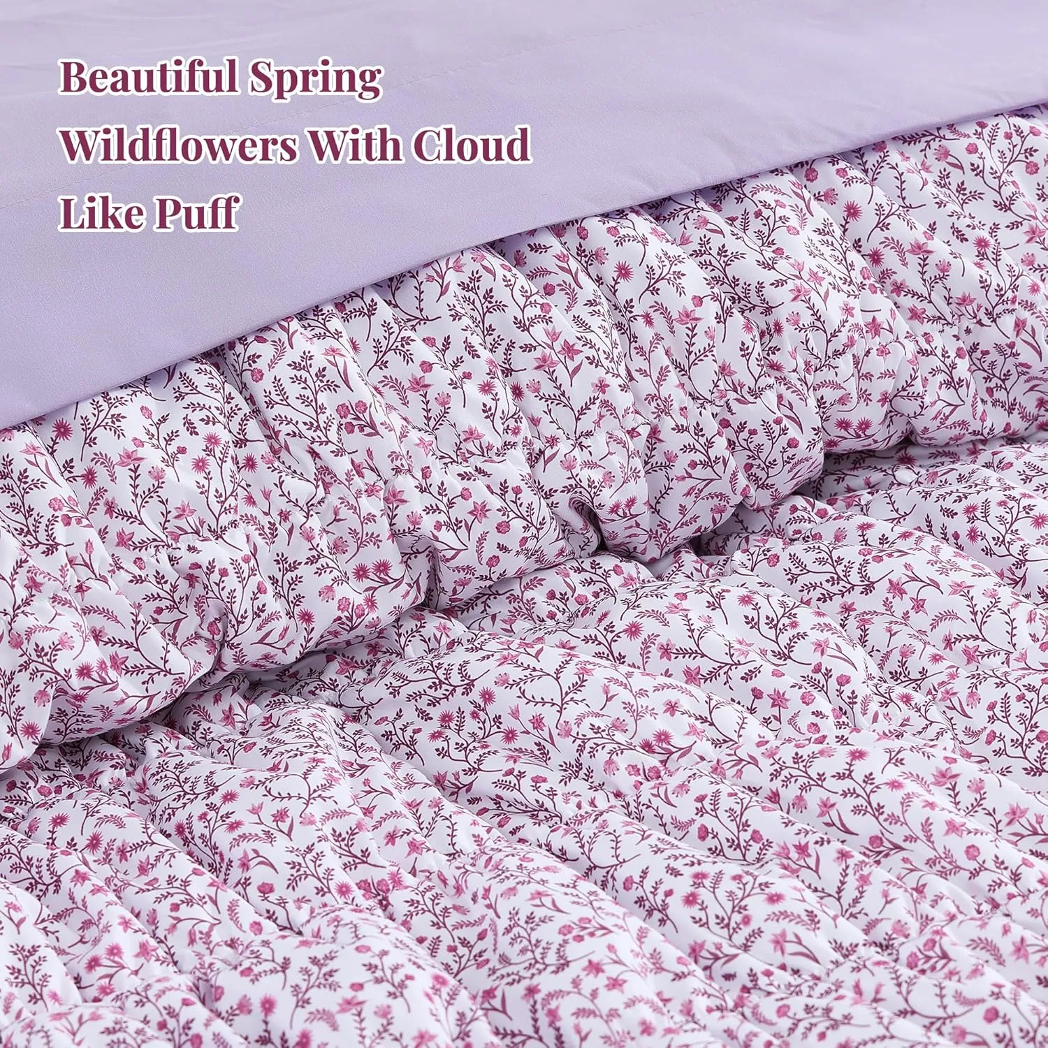 Queen Comforter Set - 7 Pieces Light Purple Puff Floral Bedding Sets for All Seasons, Shabby Chic Farmhouse Bed in a Bag Queen with Wildflowers Fluffy Comforter, Sheets, Pillowcases & Shams