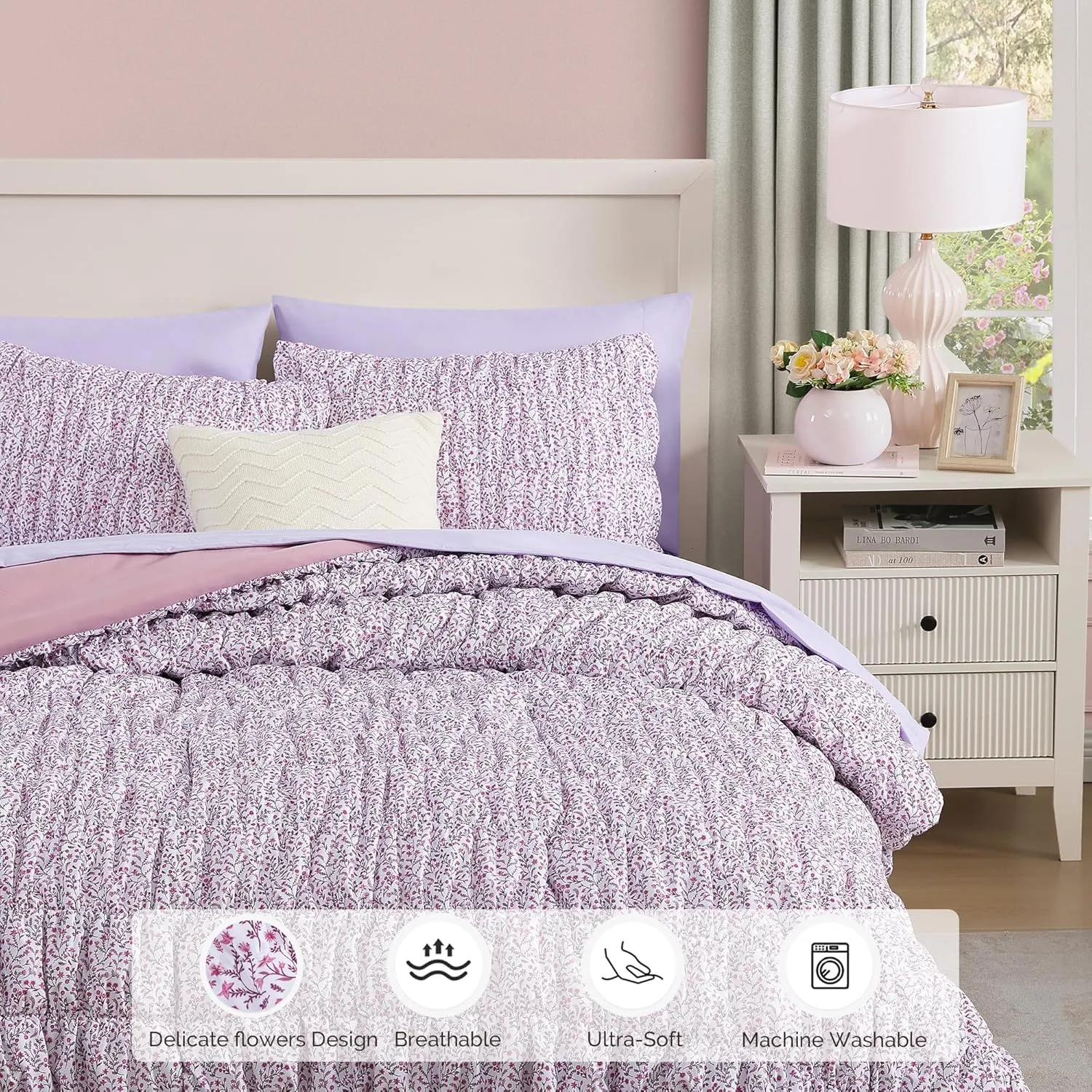 Queen Comforter Set - 7 Pieces Light Purple Puff Floral Bedding Sets for All Seasons, Shabby Chic Farmhouse Bed in a Bag Queen with Wildflowers Fluffy Comforter, Sheets, Pillowcases & Shams
