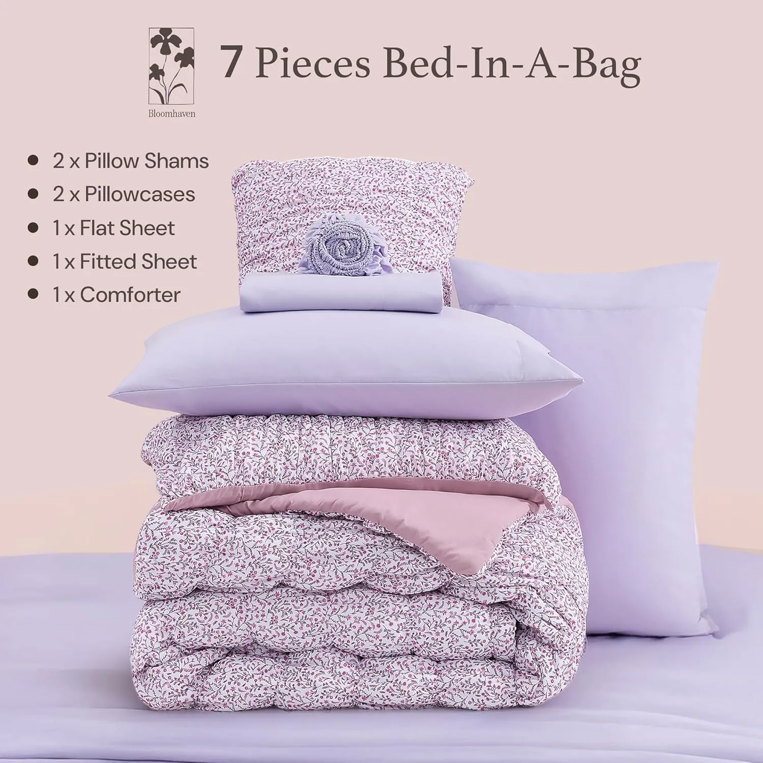 Queen Comforter Set - 7 Pieces Light Purple Puff Floral Bedding Sets for All Seasons, Shabby Chic Farmhouse Bed in a Bag Queen with Wildflowers Fluffy Comforter, Sheets, Pillowcases & Shams
