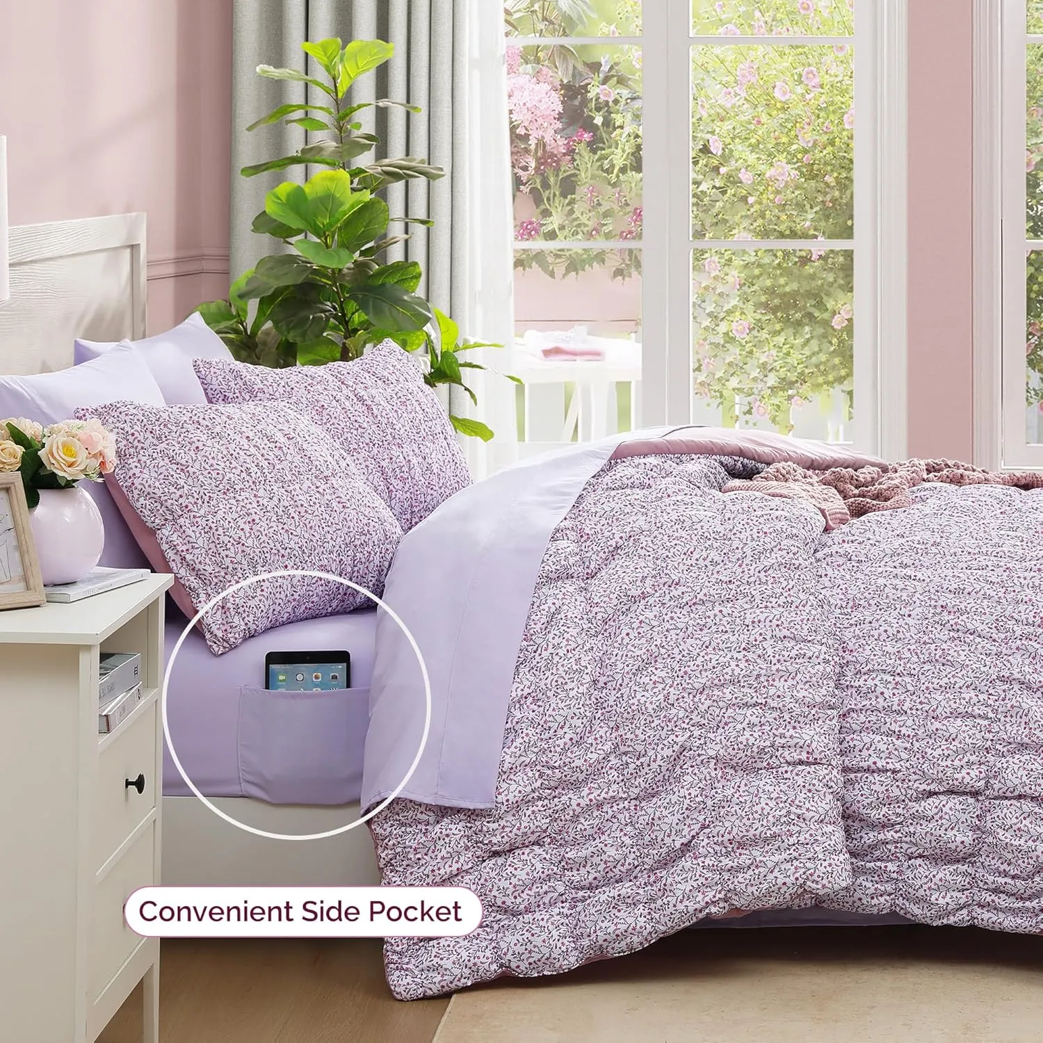 Queen Comforter Set - 7 Pieces Light Purple Puff Floral Bedding Sets for All Seasons, Shabby Chic Farmhouse Bed in a Bag Queen with Wildflowers Fluffy Comforter, Sheets, Pillowcases & Shams