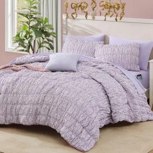 Queen Comforter Set - 7 Pieces Light Purple Puff Floral Bedding Sets for All Seasons, Shabby Chic Farmhouse Bed in a Bag Queen with Wildflowers Fluffy Comforter, Sheets, Pillowcases & Shams