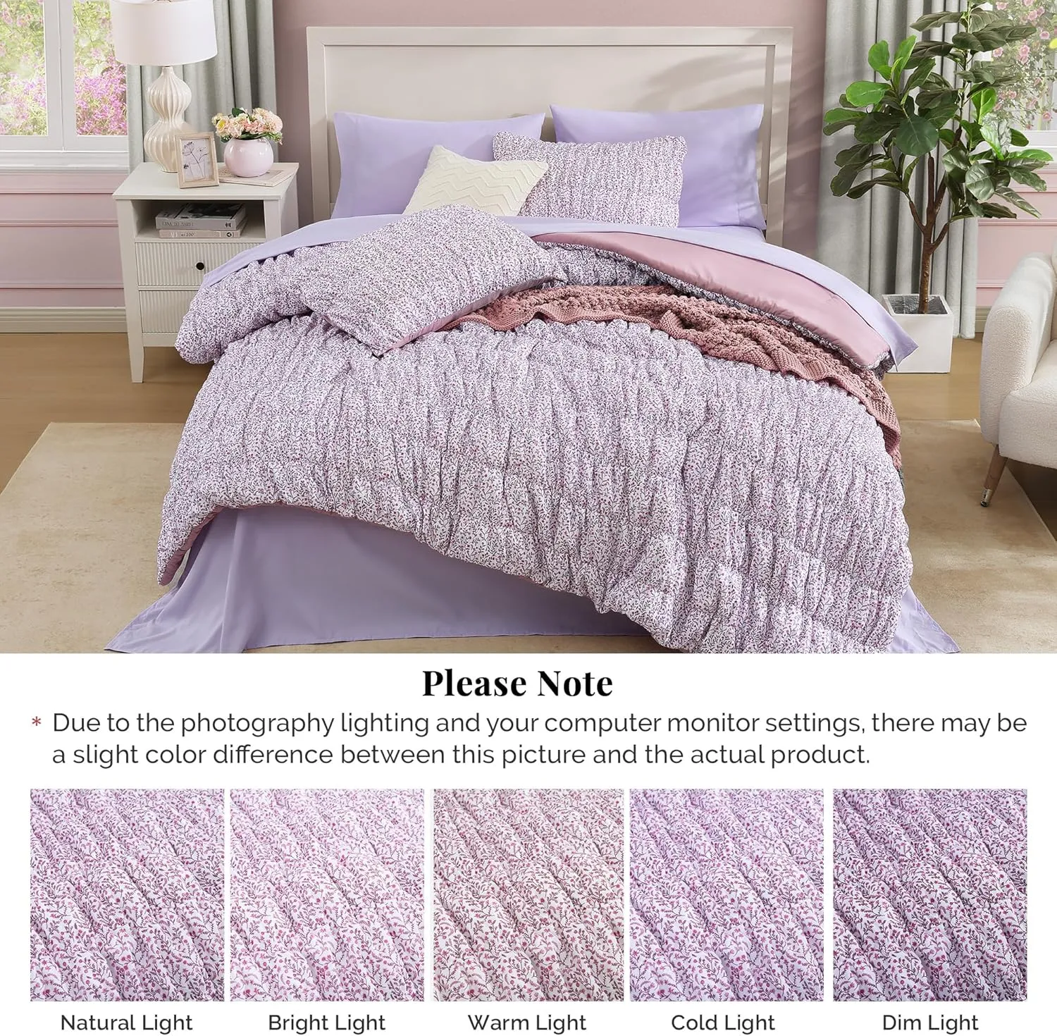 Queen Comforter Set - 7 Pieces Light Purple Puff Floral Bedding Sets for All Seasons, Shabby Chic Farmhouse Bed in a Bag Queen with Wildflowers Fluffy Comforter, Sheets, Pillowcases & Shams