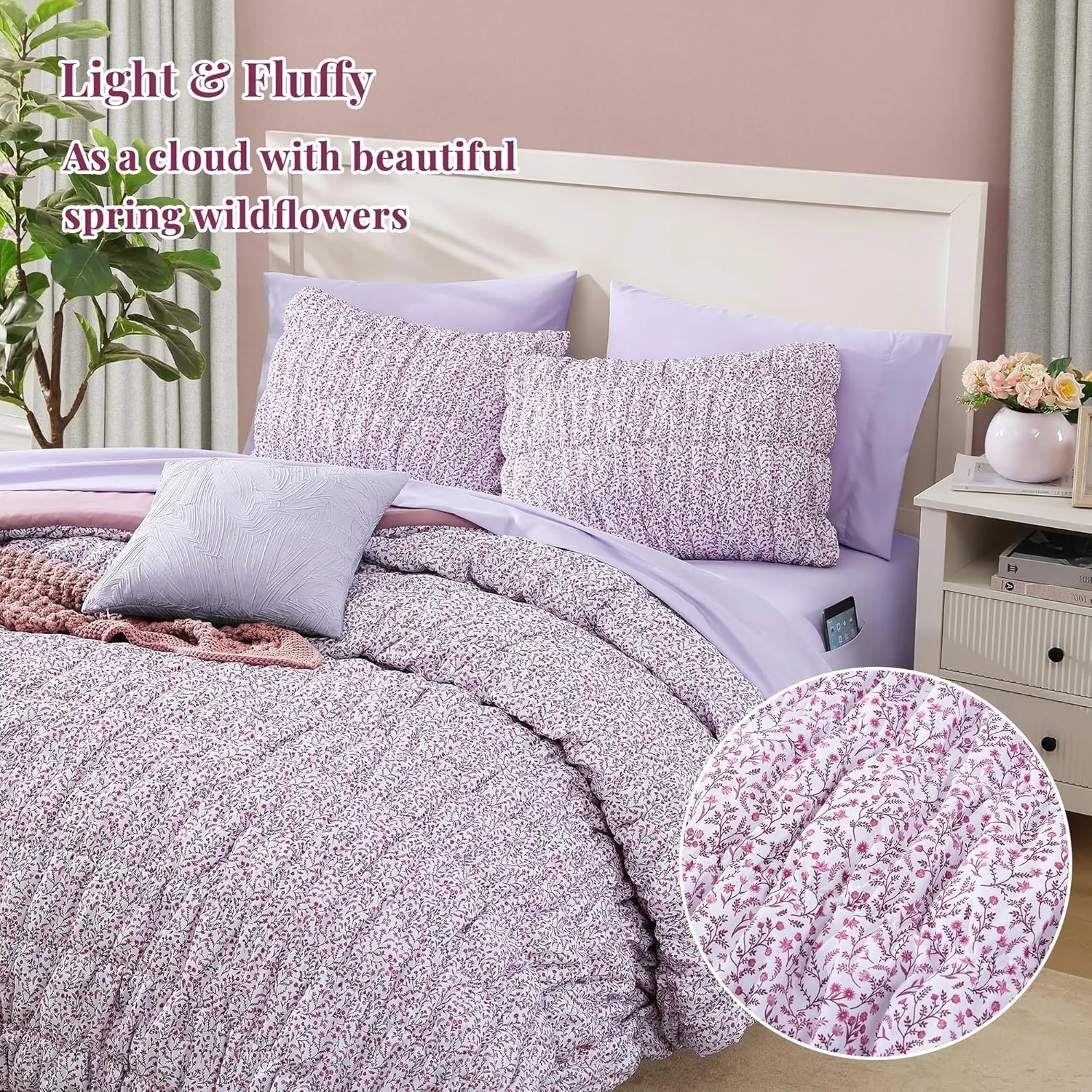 Queen Comforter Set - 7 Pieces Light Purple Puff Floral Bedding Sets for All Seasons, Shabby Chic Farmhouse Bed in a Bag Queen with Wildflowers Fluffy Comforter, Sheets, Pillowcases & Shams