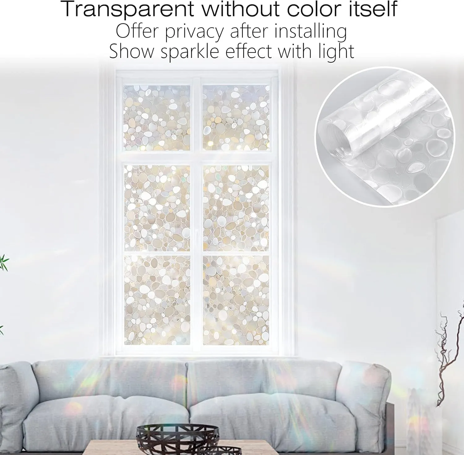 rabbitgoo Window Privacy Film, Decorative Rainbow Window Clings for Glass Covering, Static Cling Non Adhesive Door Stickers UV Blocking, Stained Glass Vinyl Decal, 3D Pebble, 17.5 x 157.4 inches