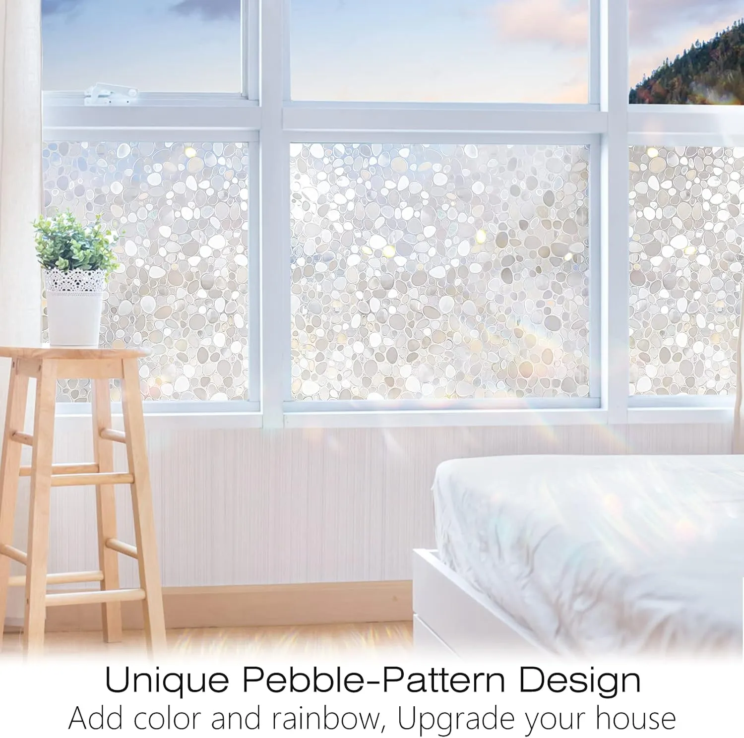 rabbitgoo Window Privacy Film, Decorative Rainbow Window Clings for Glass Covering, Static Cling Non Adhesive Door Stickers UV Blocking, Stained Glass Vinyl Decal, 3D Pebble, 17.5 x 157.4 inches
