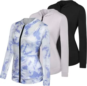 Real Essentials 3 Pack: Womens Dry-Fit Long Sleeve Quarter Zip & Full Zip Up Hoodie Workout Jacket (Available in Plus)