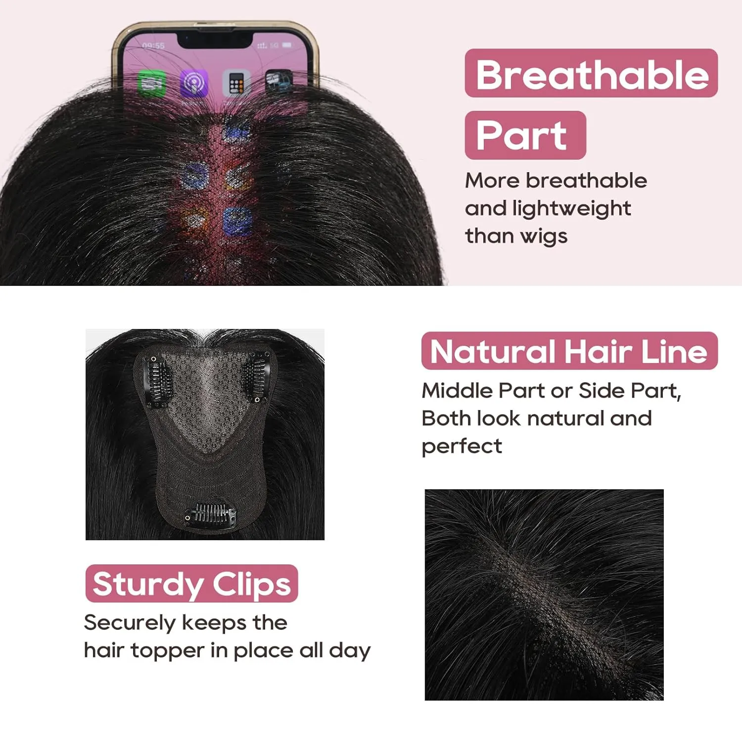 REECHO Human Hair Topper, 10 Inch Hair Toppers for Women Real Human Hair, Real Human Wiglet Adding Targeted Coverage for Thinning Hair, Light Gray