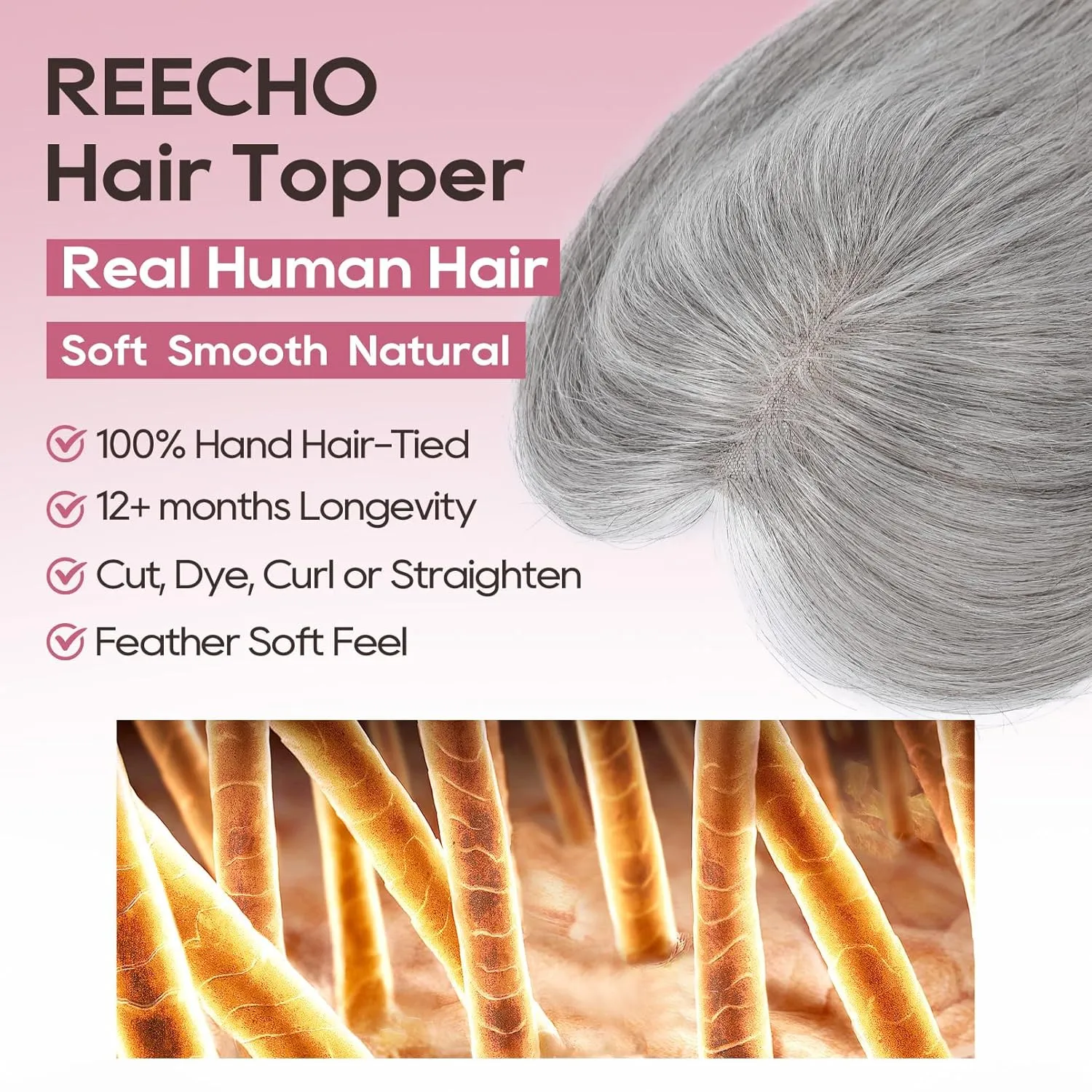 REECHO Human Hair Topper, 10 Inch Hair Toppers for Women Real Human Hair, Real Human Wiglet Adding Targeted Coverage for Thinning Hair, Light Gray