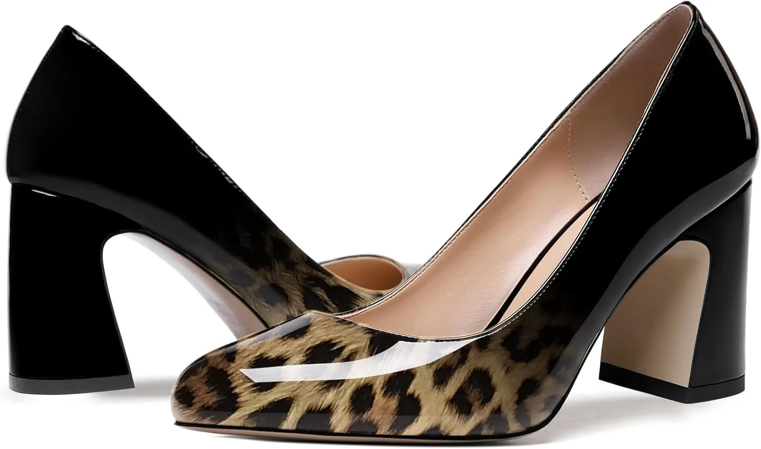 ROSERWISH Womens Comfortable Fashion Patent Party Slip On Round Toe Block High Heel Pumps Shoes 3.3 Inch