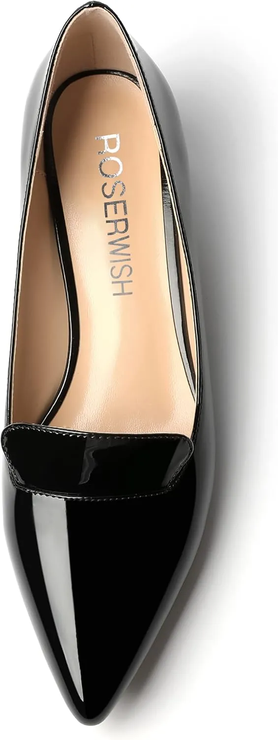 ROSERWISH Womens Slip On Patent Pointed Toe Casual Fashion Work Chunky Low Heel Pumps Shoes 1.5 Inch