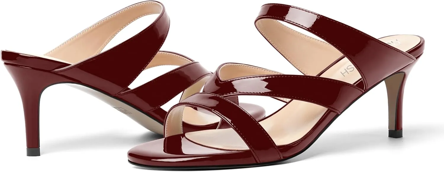 ROSERWISH Womens Strappy Slip On Patent Stylish Party Casual Open Toe Stiletto Mid Heel Heeled Sandals 2.5 Inch
