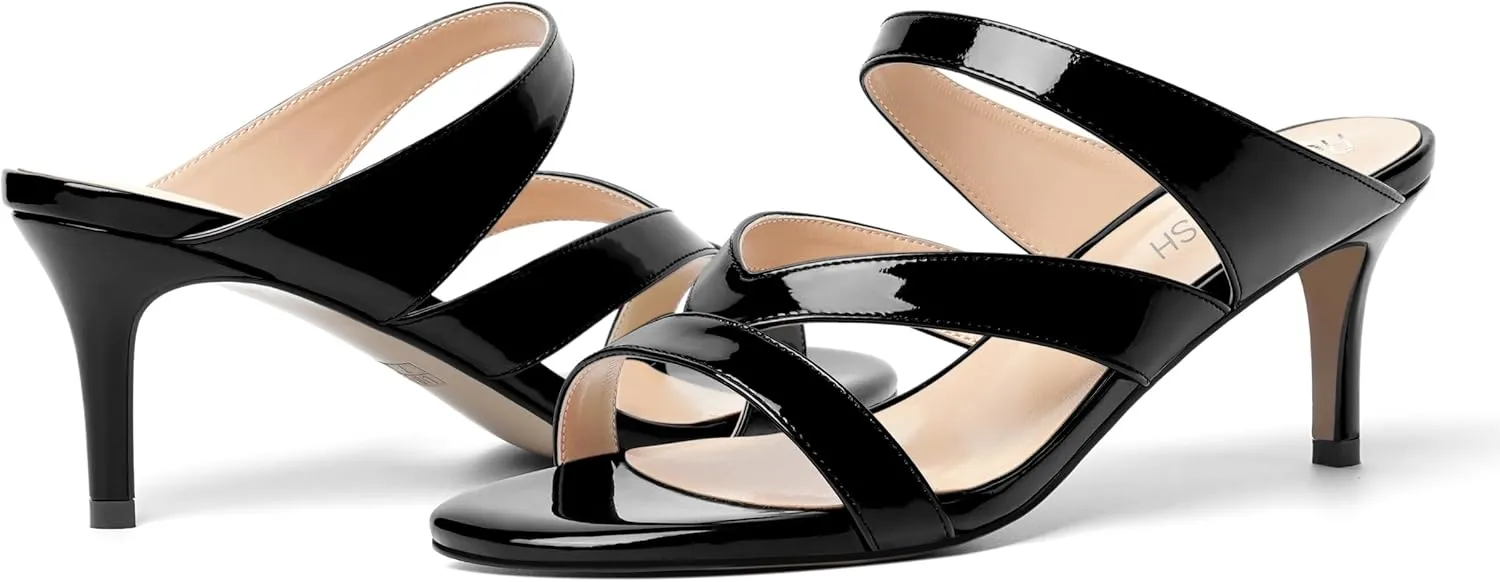 ROSERWISH Womens Strappy Slip On Patent Stylish Party Casual Open Toe Stiletto Mid Heel Heeled Sandals 2.5 Inch