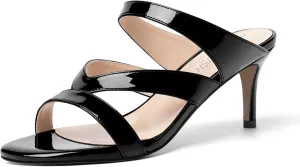 ROSERWISH Womens Strappy Slip On Patent Stylish Party Casual Open Toe Stiletto Mid Heel Heeled Sandals 2.5 Inch