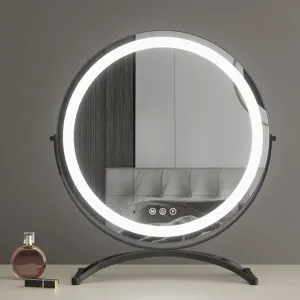 Round Dressing Table Mirror, LED Lighted Tabletop Makeup Mirror With 360° Rotation, 3 Modes LED Light Strips, Smart Control Touch And Memory Function, Rechargeable ( Color : Black , Size : 30cm )